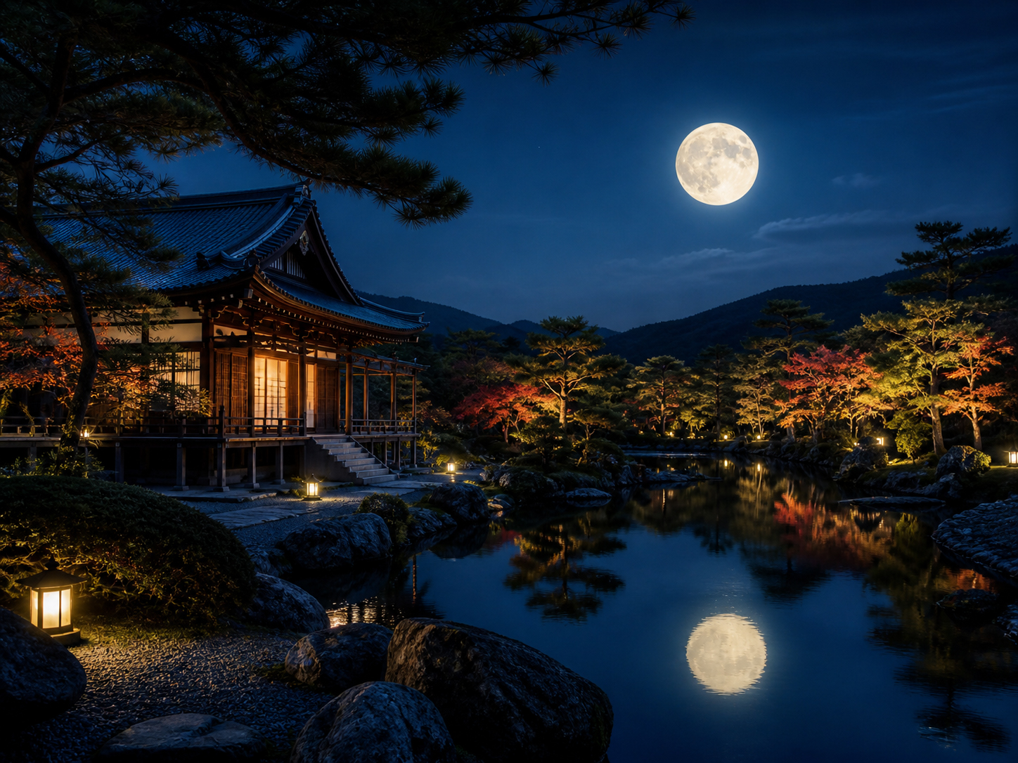 池越しに寺と満月を望む、日本的な月見の名所を象徴する静かな夜景