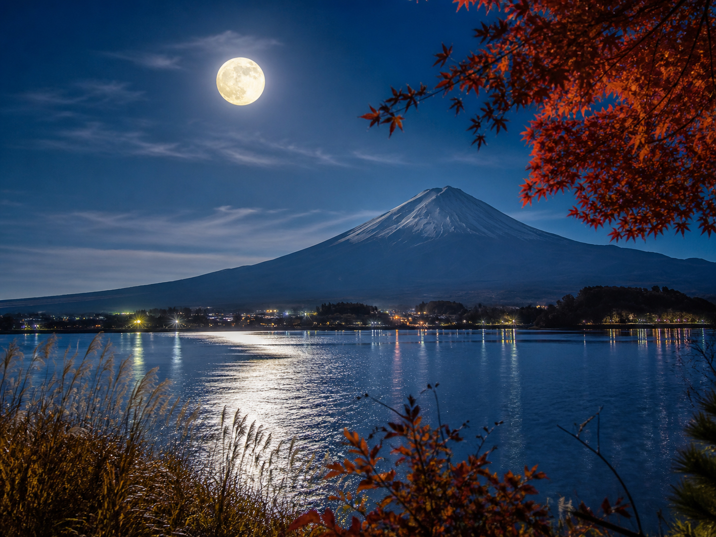 河口湖越しの富士山と満月を描いた印象的な日本の夜景