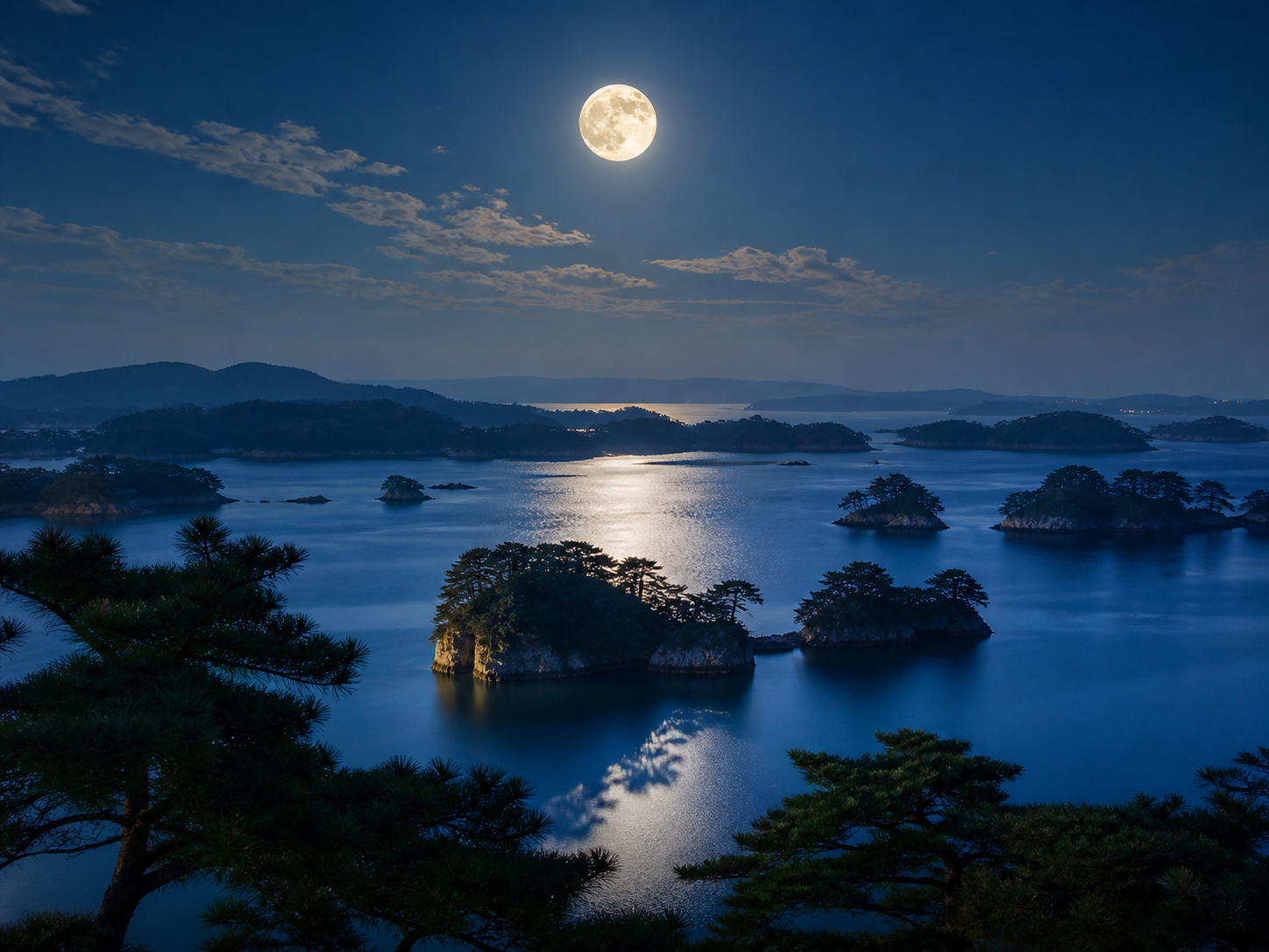 松島の島影と海、その上に静かに浮かぶ月を描いた風景