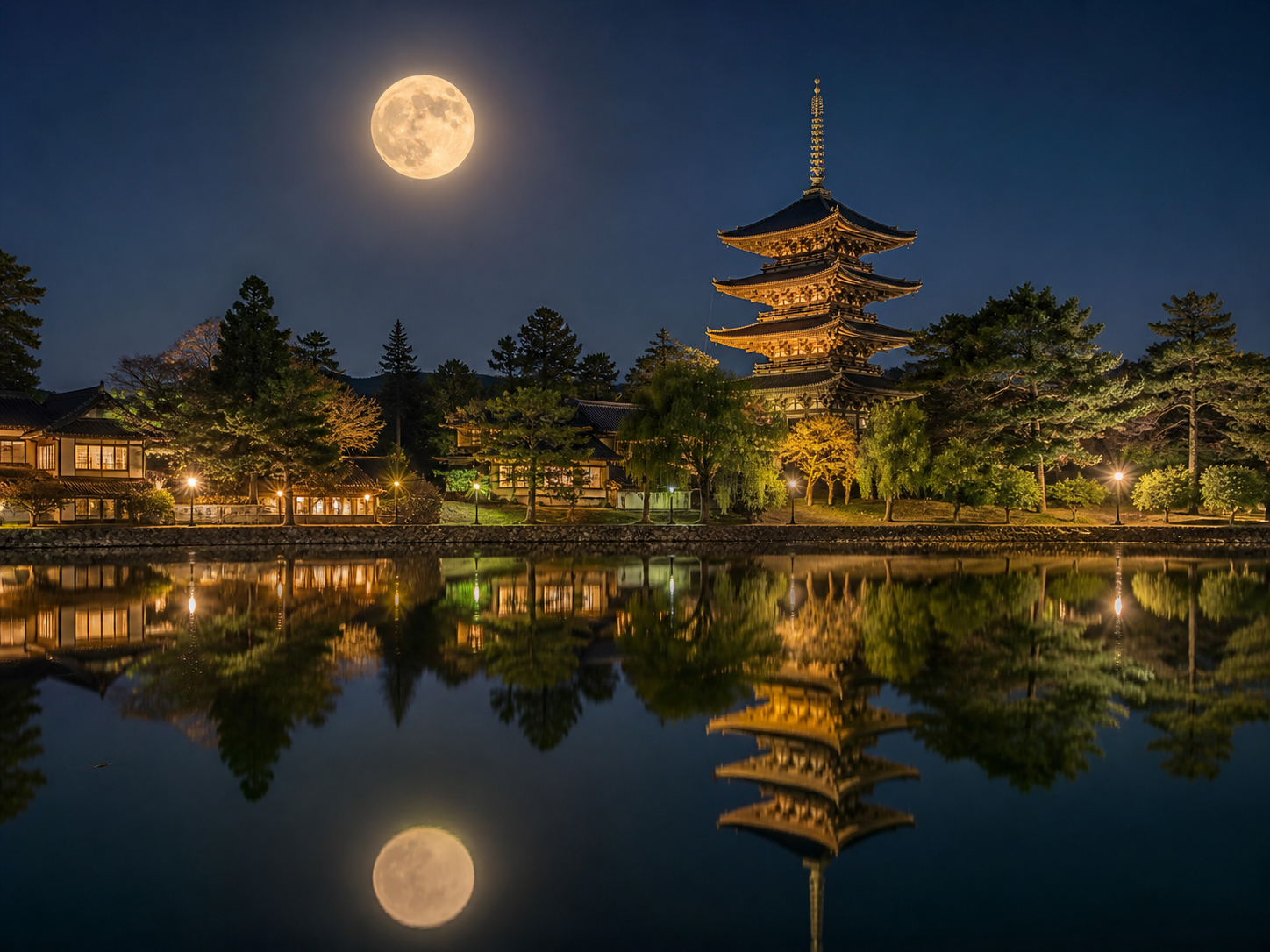 猿沢池と五重塔、その上に浮かぶ月を描いた静かな奈良の夜景