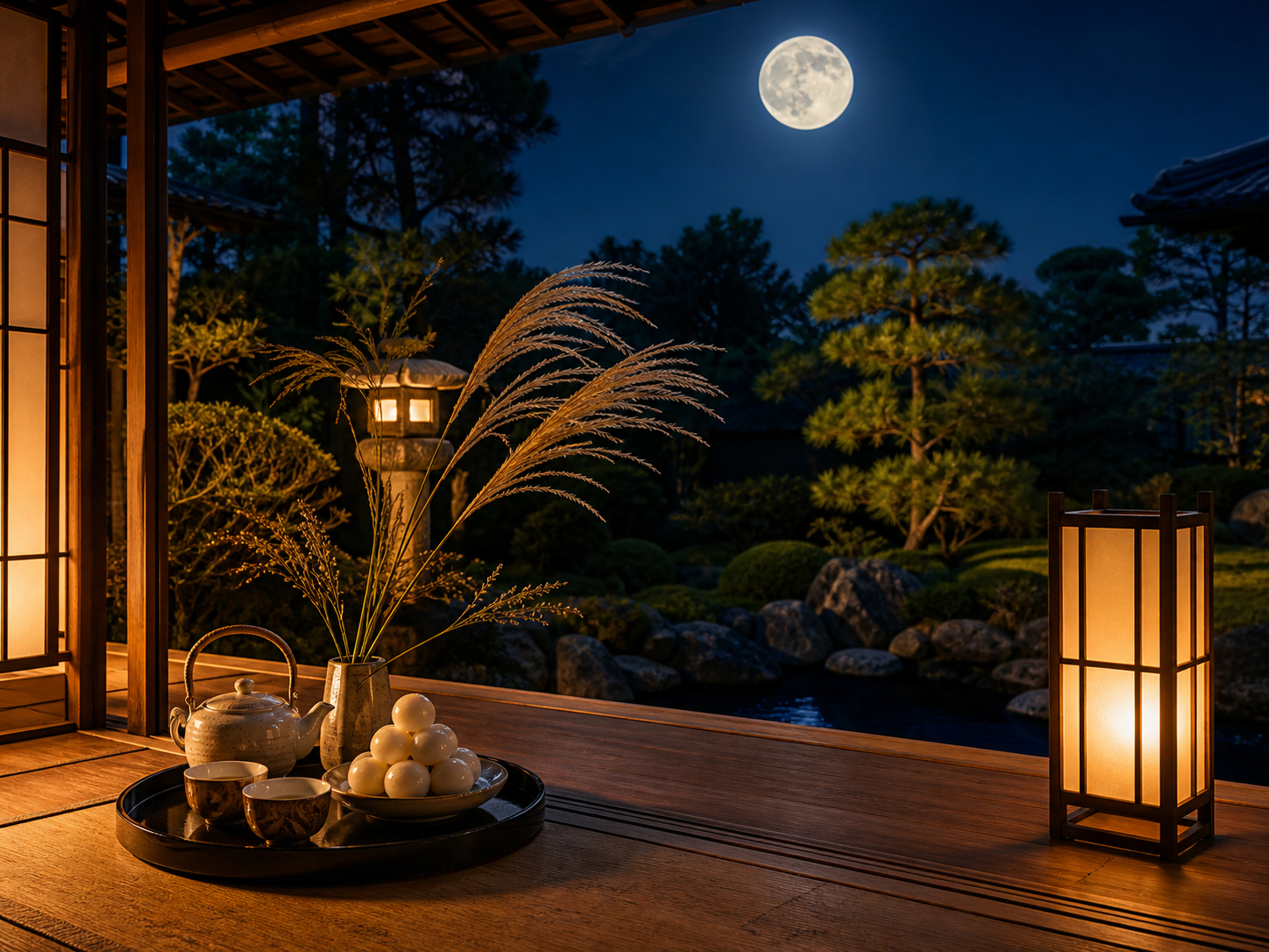 静かな月見の作法を象徴する縁側、灯、月夜の情景