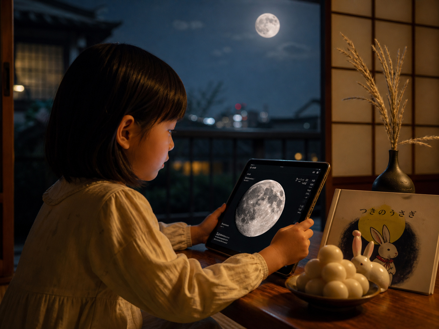 月の兎が絵本、和菓子、工芸、月見デザインに展開される様子を示す編集画像