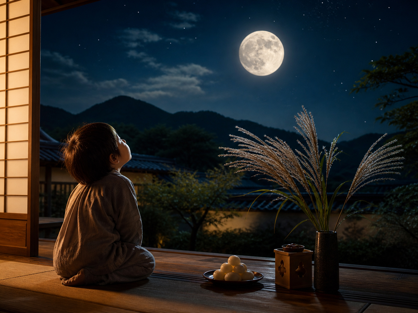 縁側で子どもが満月を見上げ、月の兎を想像する日本的な夜の情景