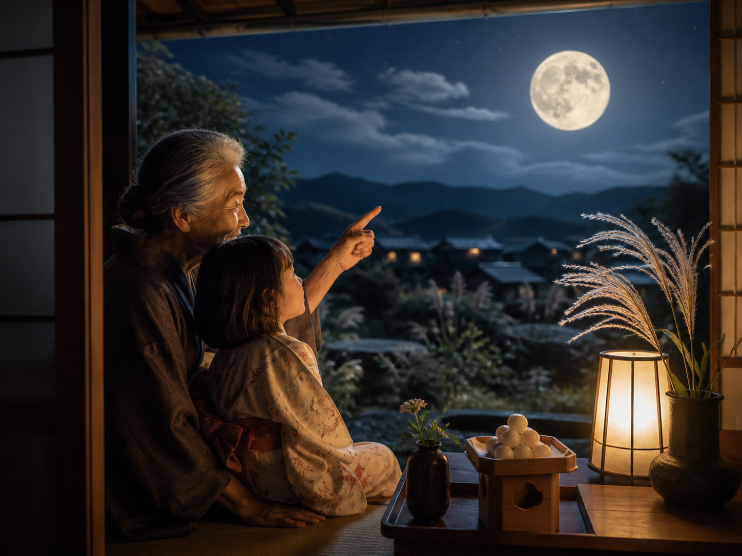 祖父母と子どもが満月を見上げ、月の兎の話を聞く日本の家庭的な夜の情景