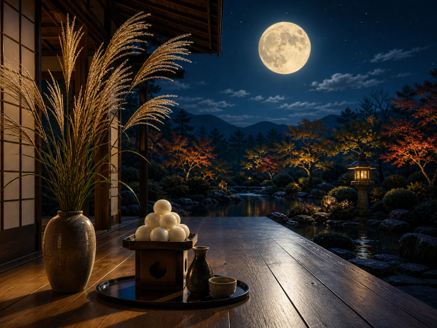 タブレットで月面写真を見る子どもと、そばに月の兎の絵本がある現代的な情景