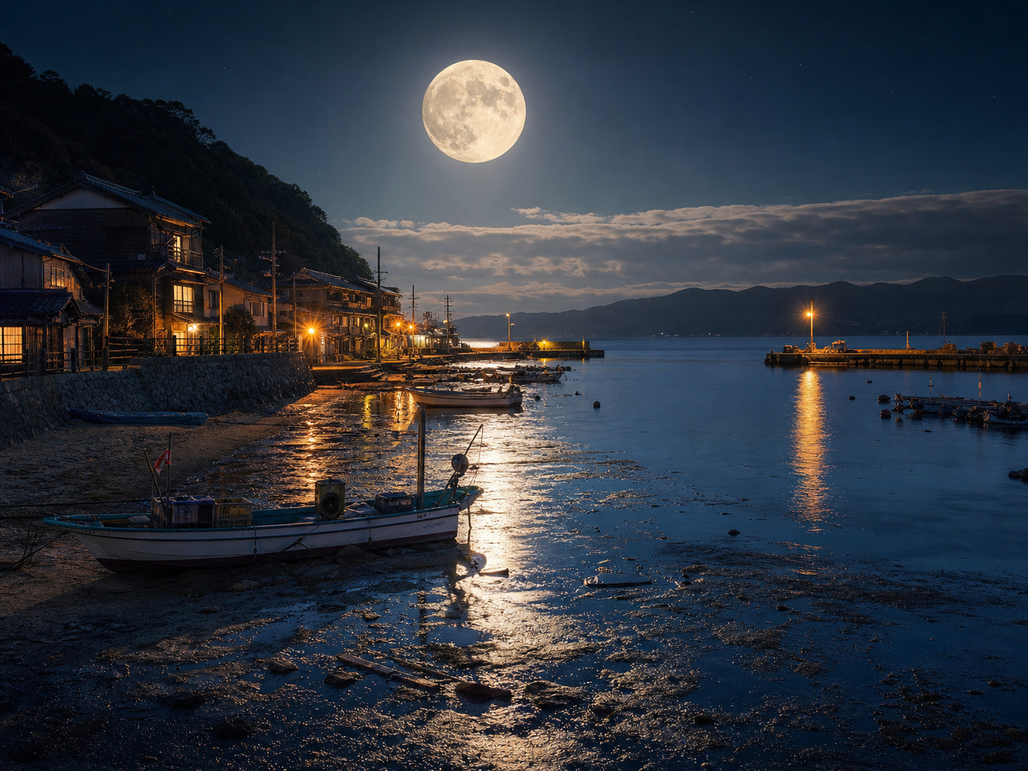 満月の下、日本の漁村と港、潮の満ち引き、海面に伸びる月光を描いた静かな夜景