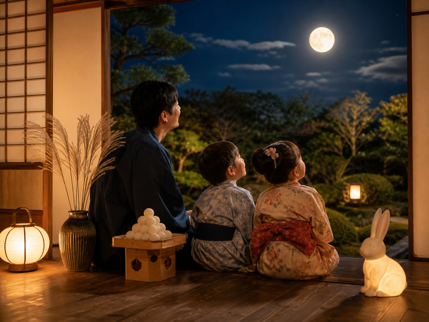家族と子どもが月見団子を囲み、満月の兎を探す温かな十五夜の情景