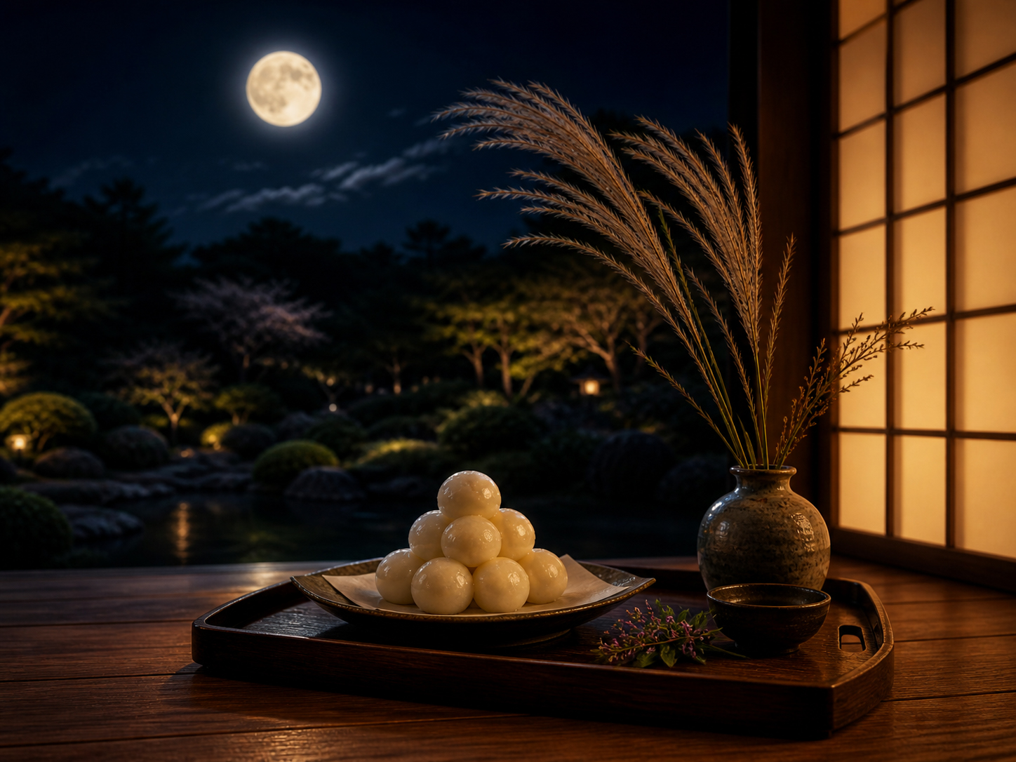 縁側に月見団子とすすきが供えられ、秋の夜空に満月が浮かぶ日本の月見風景