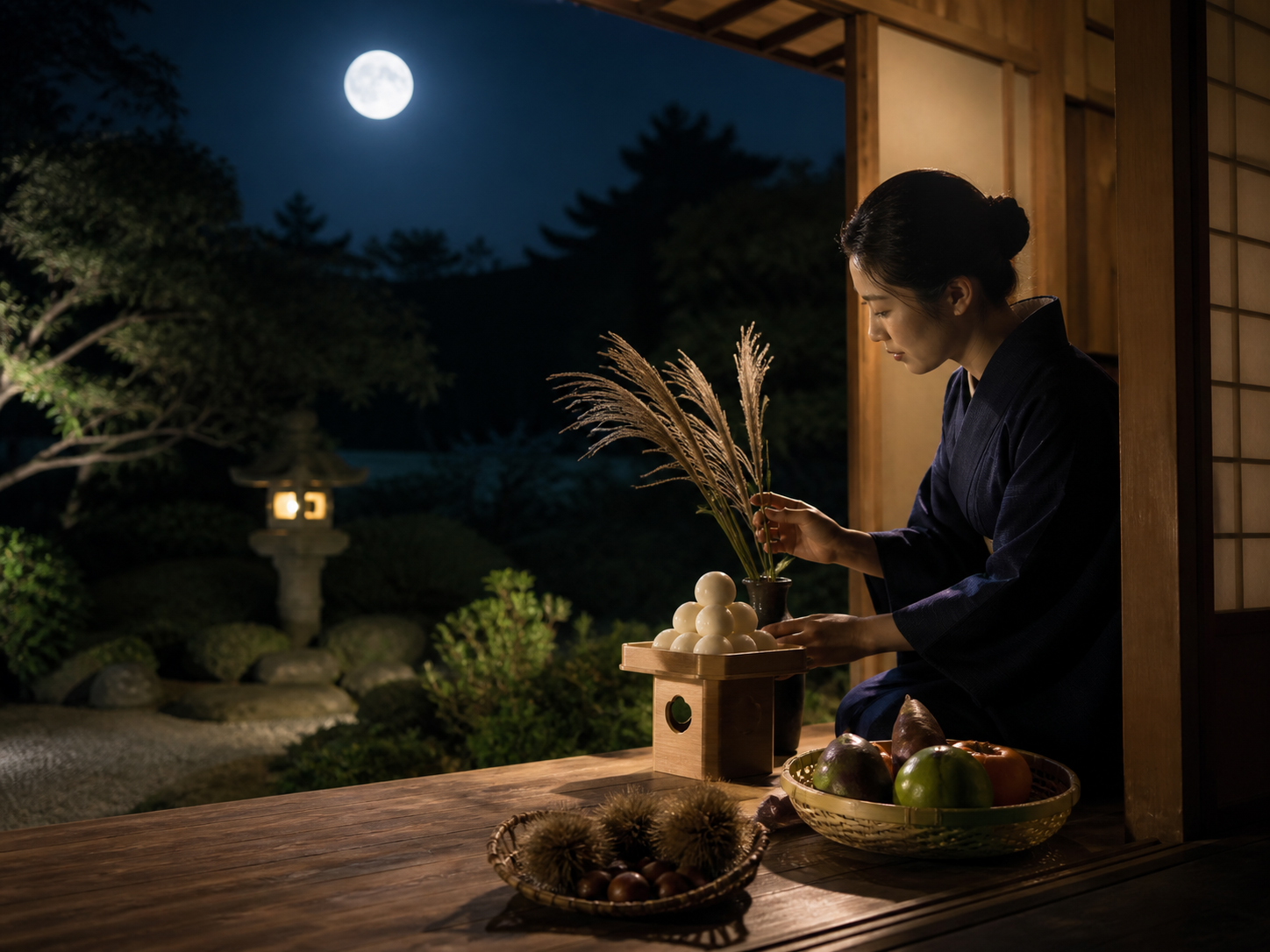 月見の前に縁側を整え、団子とすすきを供える静かな日本の夜の準備風景
