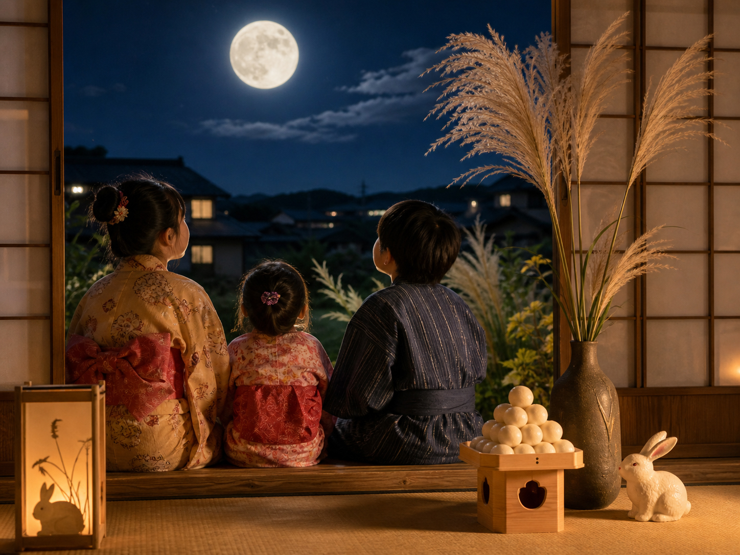 家族が縁側で月見をし、子どもが月の兎を探す家庭的な十五夜の情景