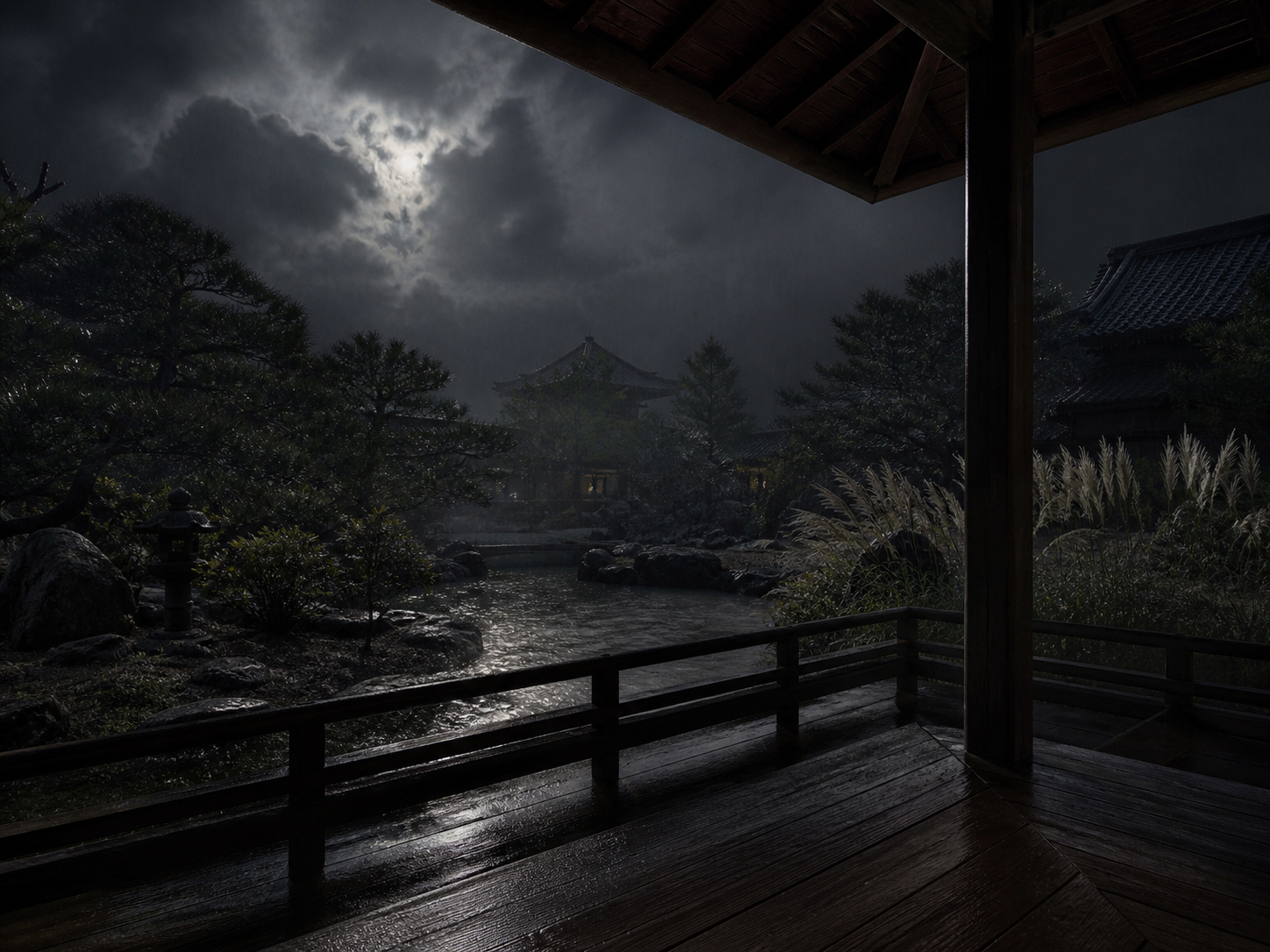 雲と雨で月が見えない夜、月見団子とすすきだけが静かに置かれている情景