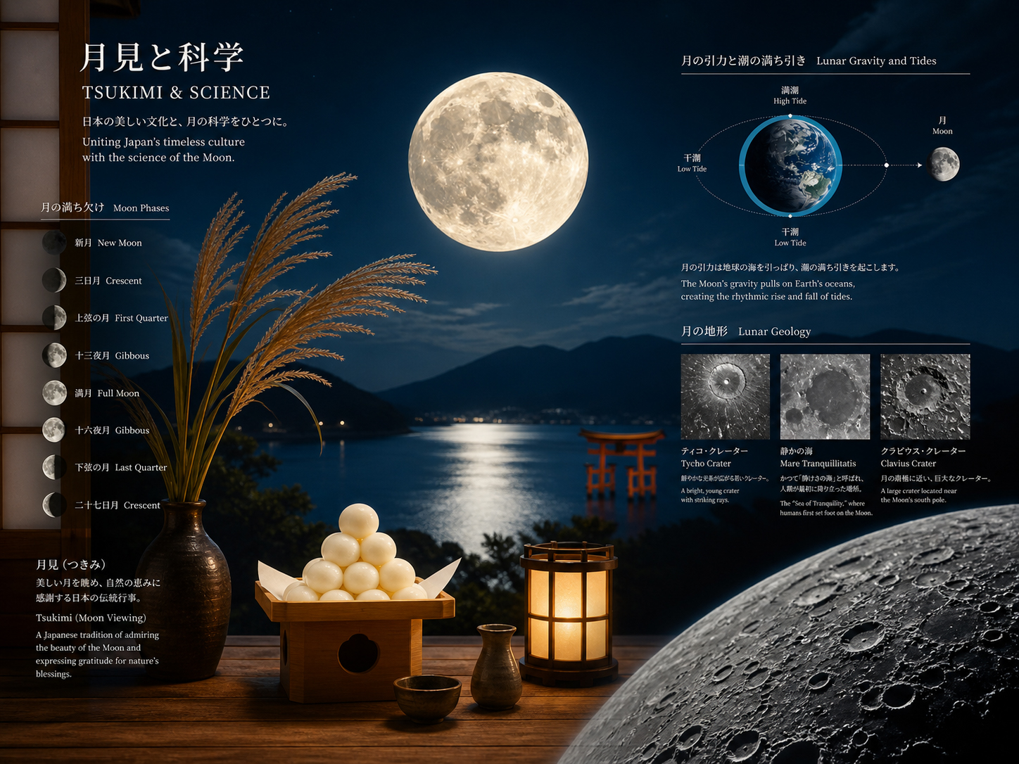 月見団子と満月の背景に、月相、潮汐、月面地質を重ねた科学と文化の編集画像