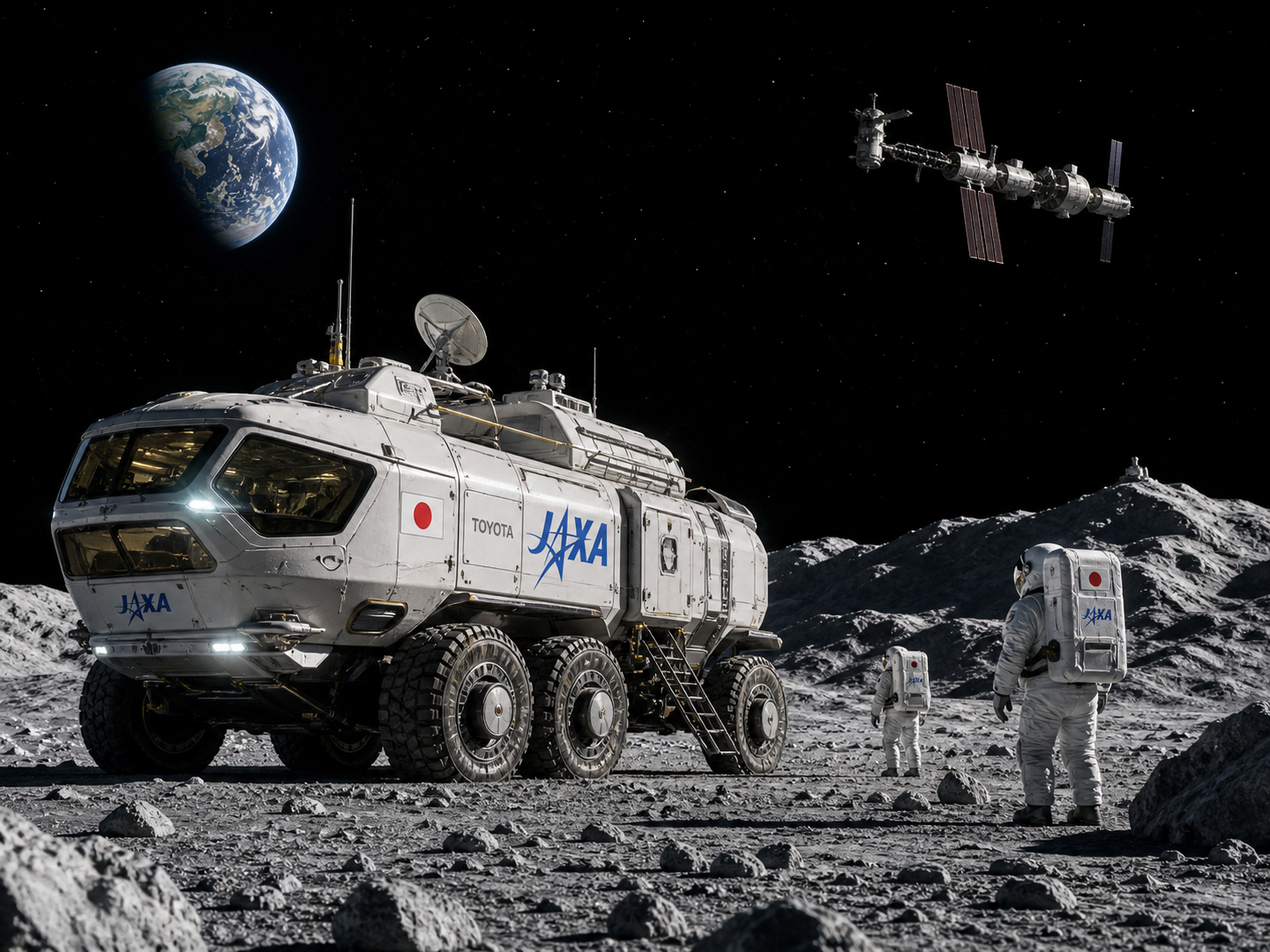 アルテミス時代の月面、JAXAの与圧ローバー、Gateway、月の南極、日本人宇宙飛行士を象徴する編集的ビジュアル
