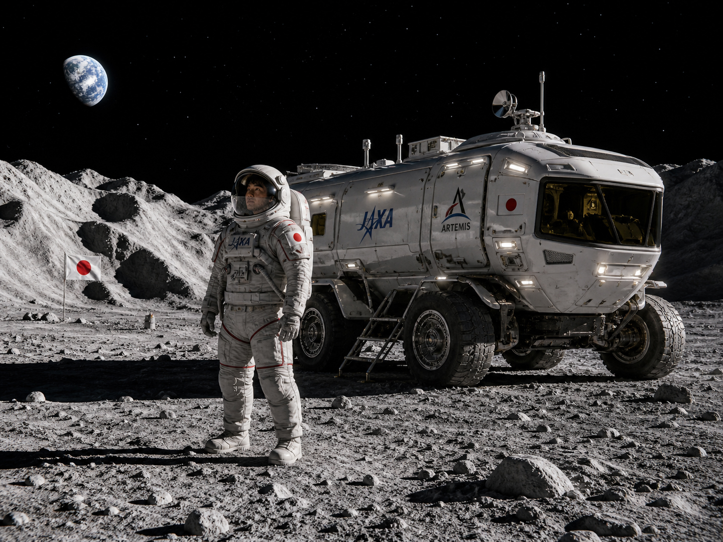 日本人宇宙飛行士が月の南極で与圧ローバーとともに活動する未来の編集的ビジュアル