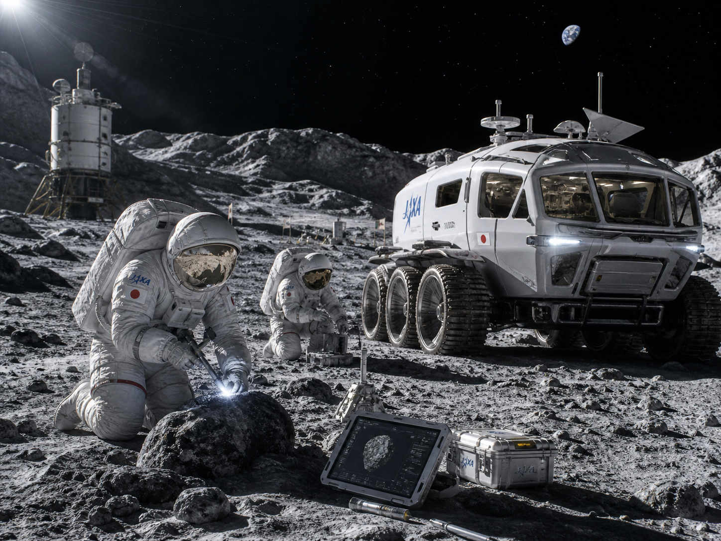 与圧ローバーから降りた宇宙飛行士が月面地質調査を行うアルテミス時代の科学活動ビジュアル