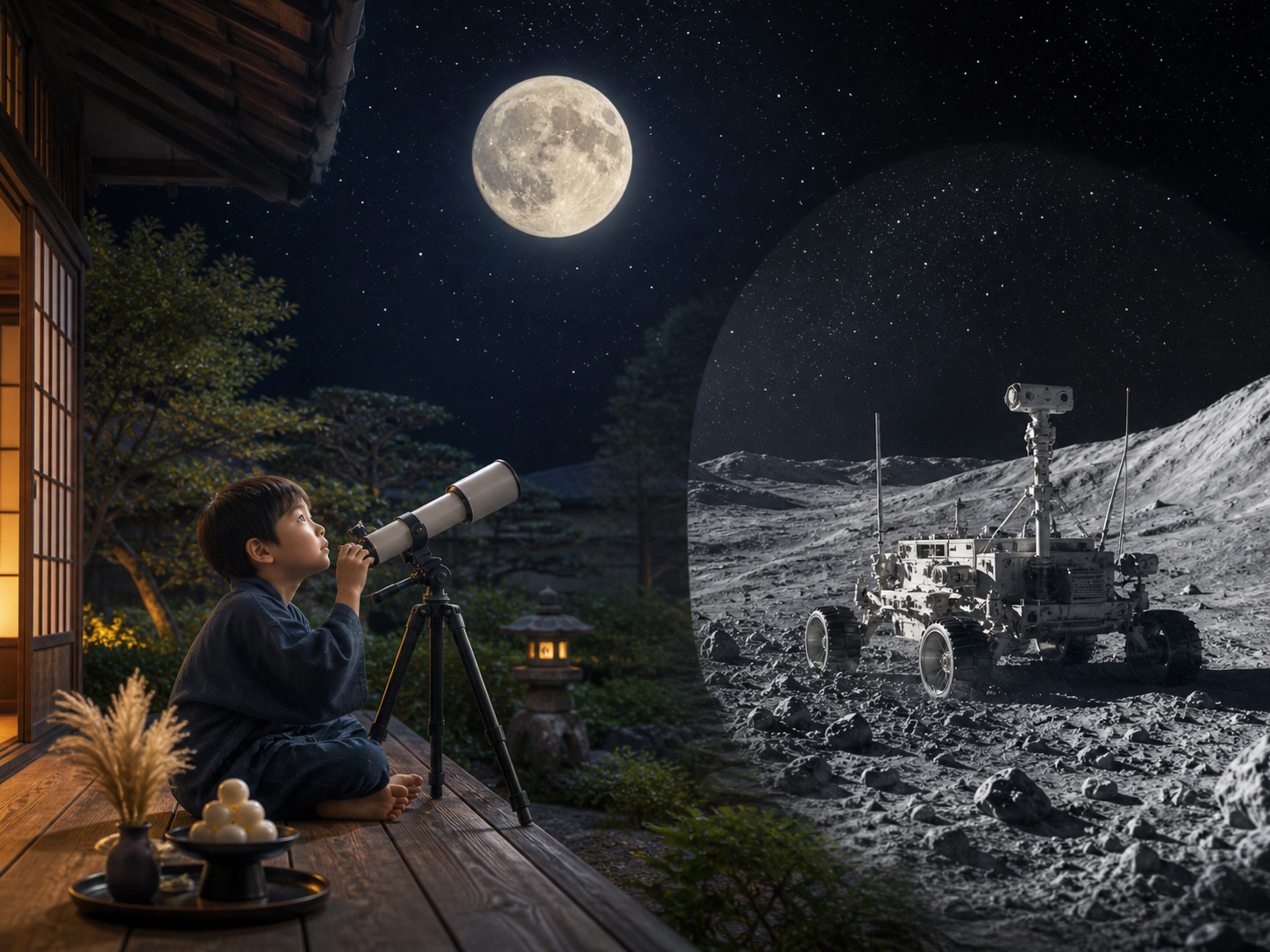 子どもが月見、望遠鏡、探査機模型を通じて月を学ぶ教育的な情景