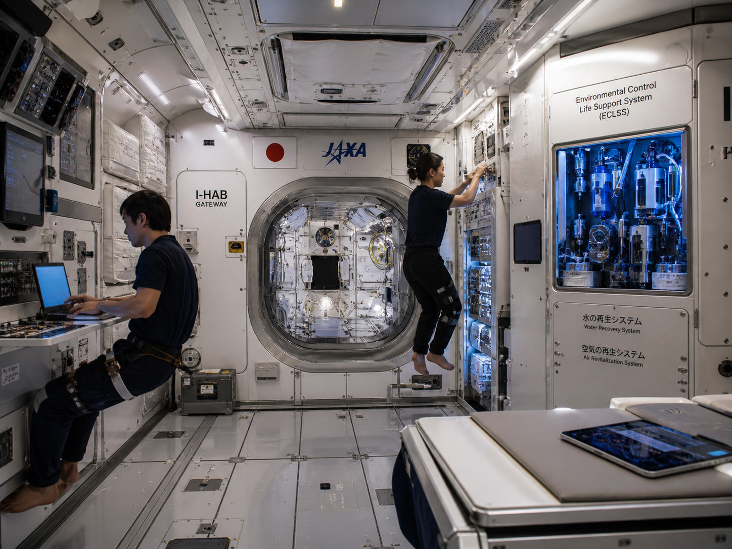 GatewayのI-Hab内部、生命維持システム、宇宙飛行士の居住空間を描いた編集的ビジュアル