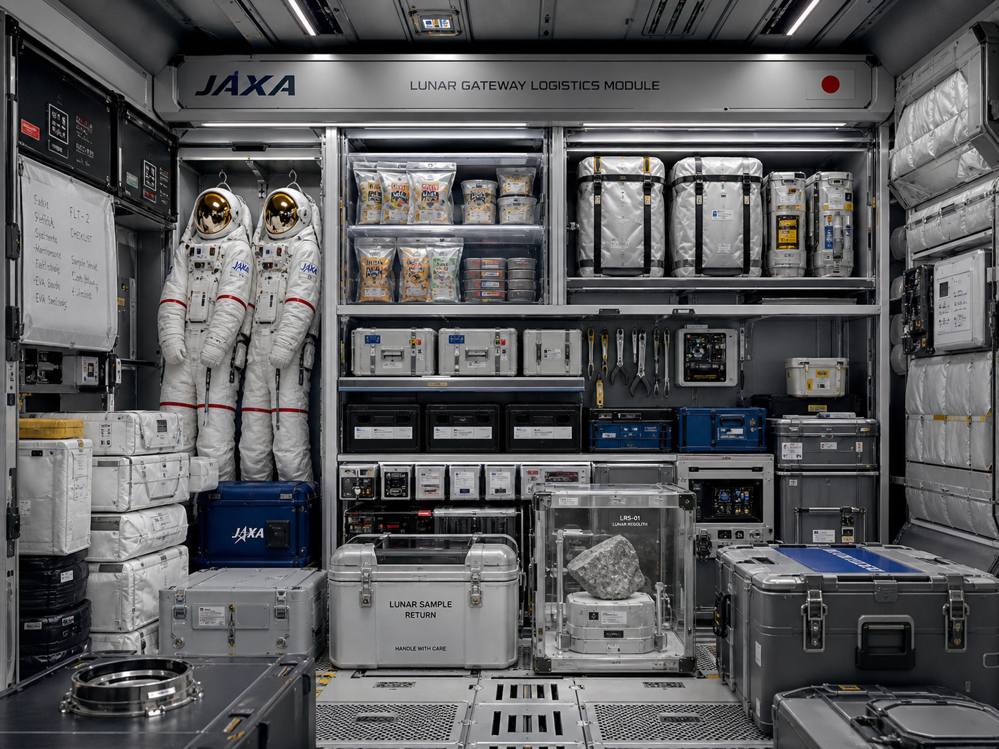 Gatewayへ運ばれる食料、工具、宇宙服、科学機器、補給物資を整理した編集的ビジュアル