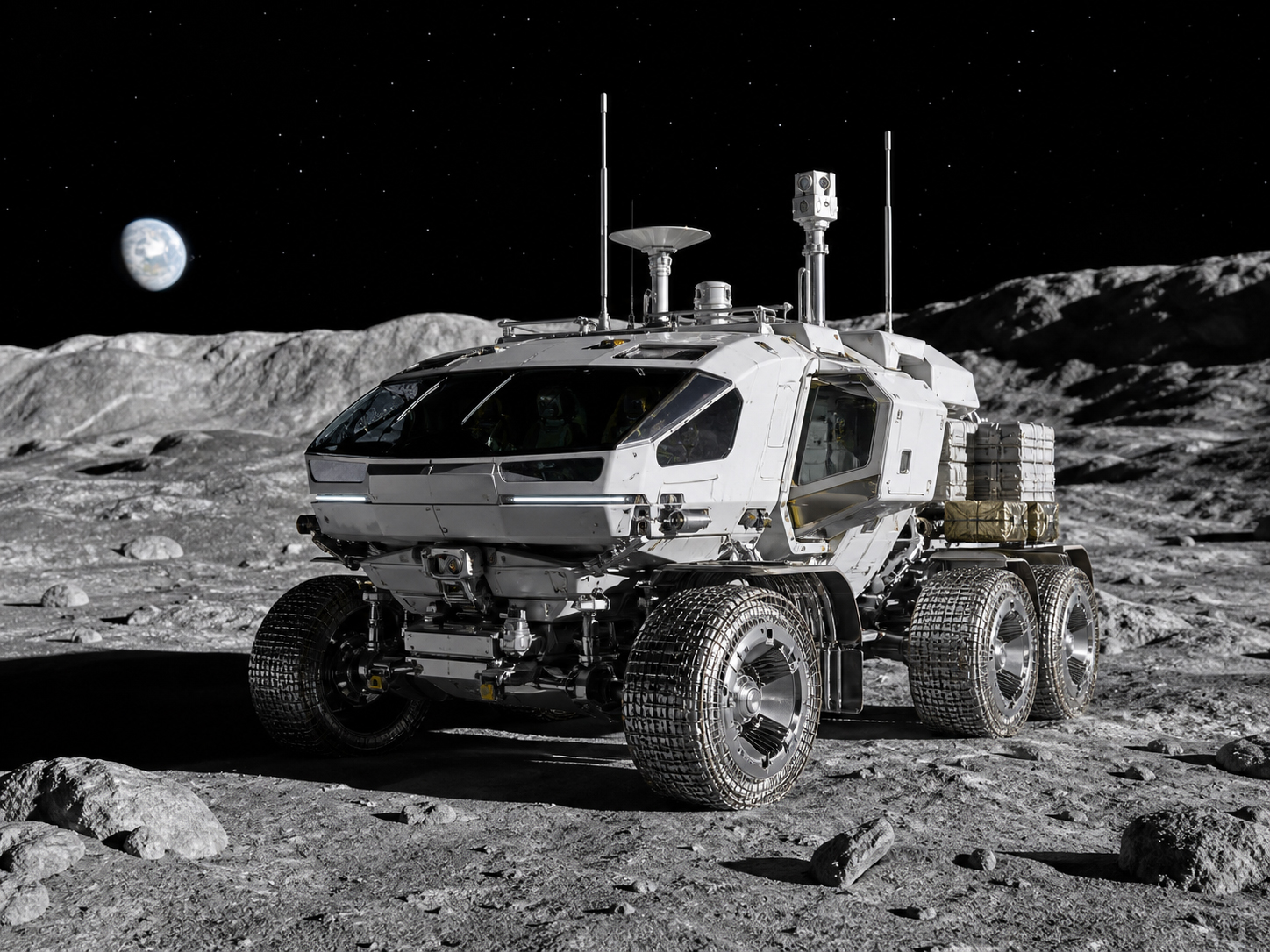 月の南極域を走るLUPEXローバーと未来の有人与圧ローバーLUNAR CRUISERを重ねた日本の月面移動技術の編集的ビジュアル