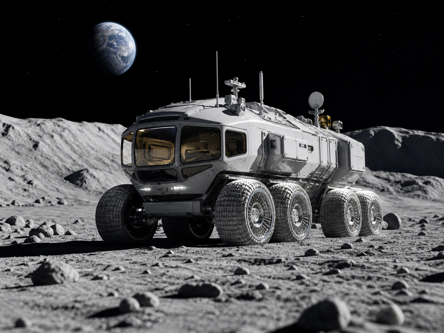 月面を走るLUNAR CRUISER、与圧キャビン、地球を背景にした未来の日本の月面モビリティ