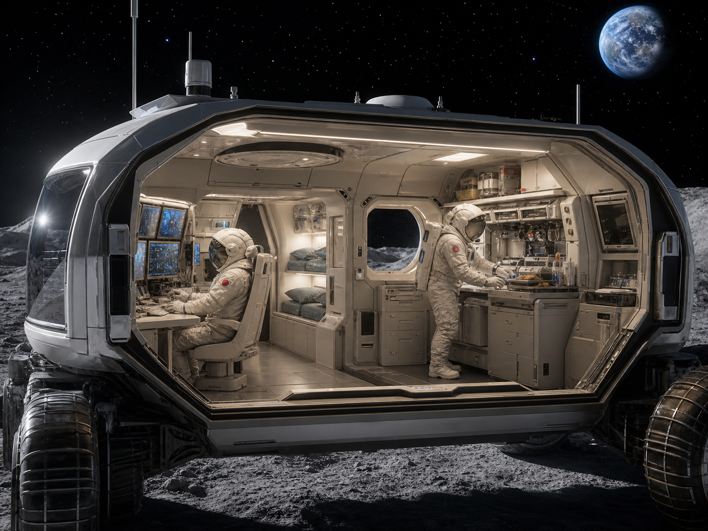 有人与圧ローバーの車内で宇宙飛行士が作業し休息する月面移動居住空間のイメージ