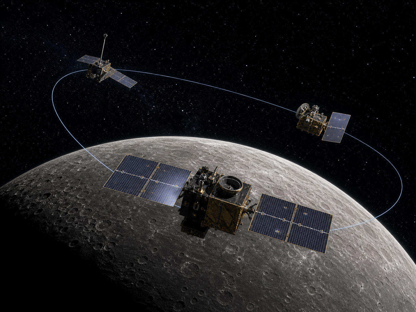 かぐや主衛星、リレー衛星、VRAD衛星が月周回軌道で観測する構成を示す編集的ビジュアル