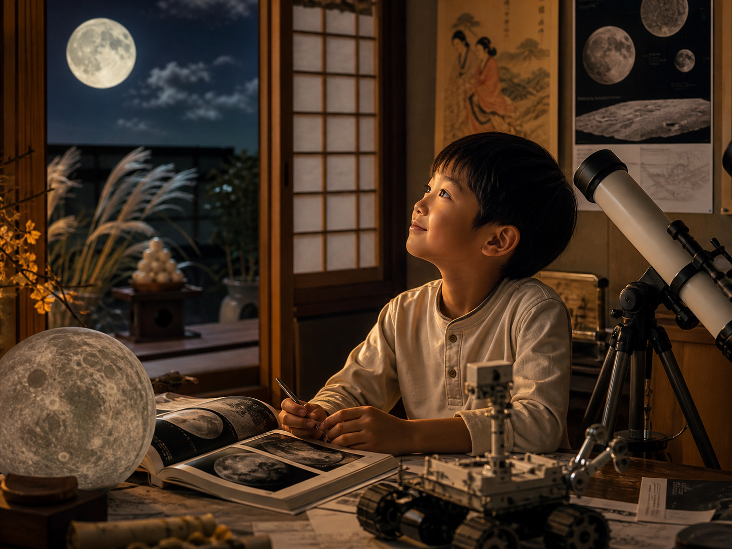子どもが月見、科学実験、ローバー模型を通じて月の水を学ぶ教育的な情景