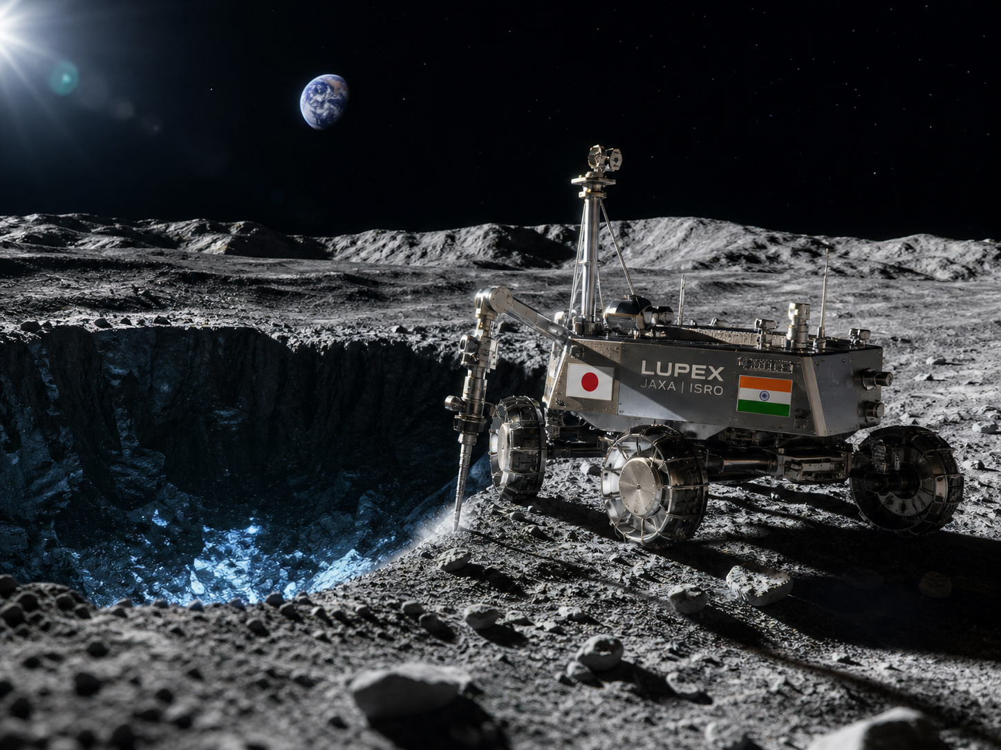 月の南極域、永久影クレーター、LUPEXローバー、日本とインドの国際協働を象徴する月探査ビジュアル