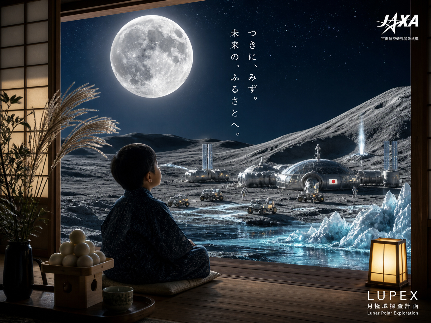 月見をする子どもが、月の水、月面基地、ローバーを想像する文化と探査をつなぐ画像