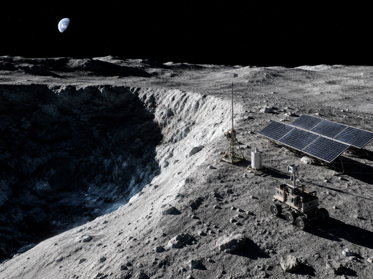永久影クレーターの近くに長く太陽光を受ける尾根があり、太陽電池が配置される未来的な月面風景