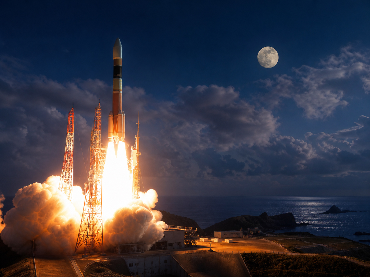 2007年、種子島から月へ向かうかぐやを象徴するH-IIAロケットと月の編集的ビジュアル