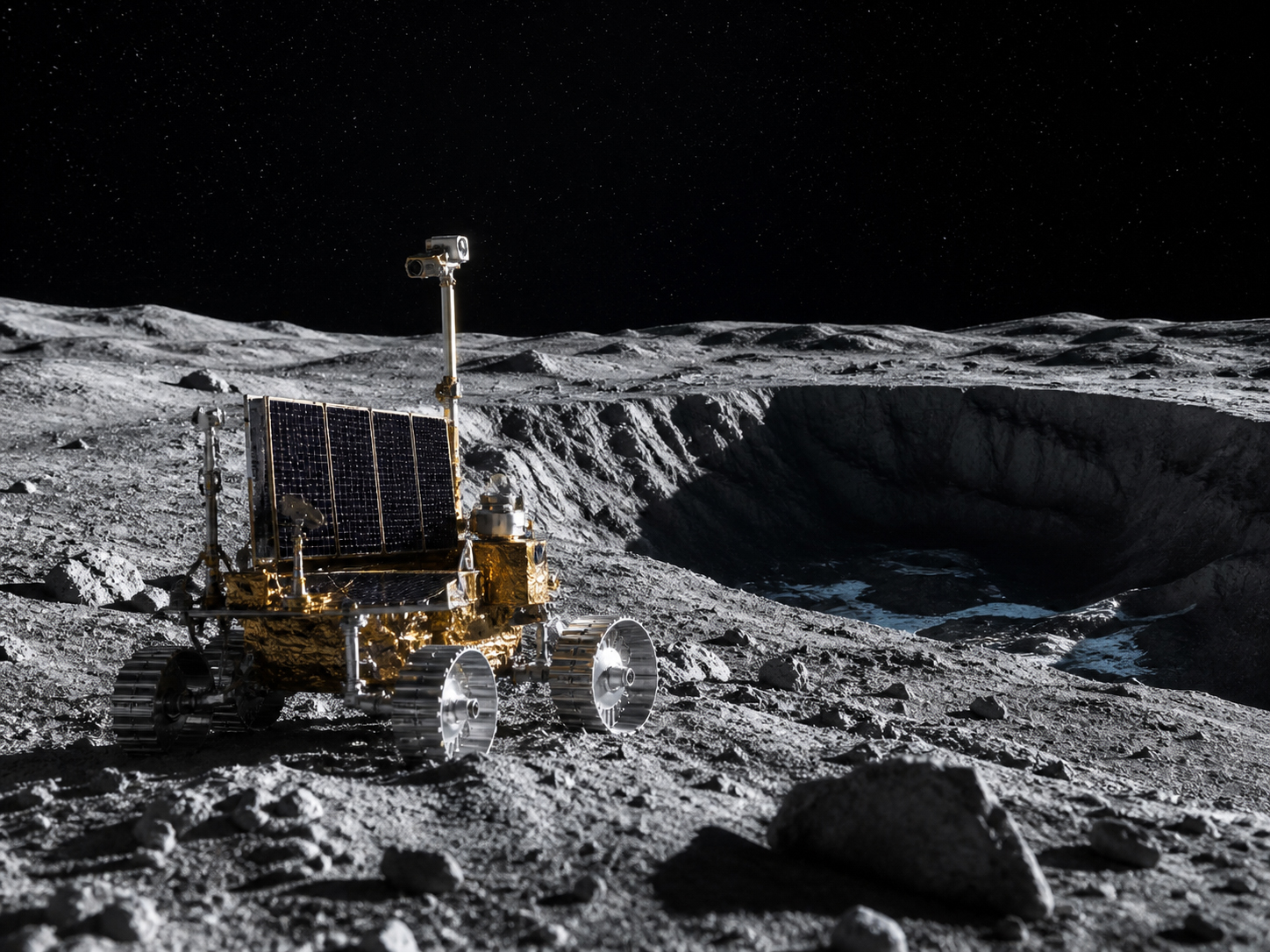 2028年度予定のLUPEX、H3ロケット、月の南極、ローバー、水氷探査を象徴する編集画像