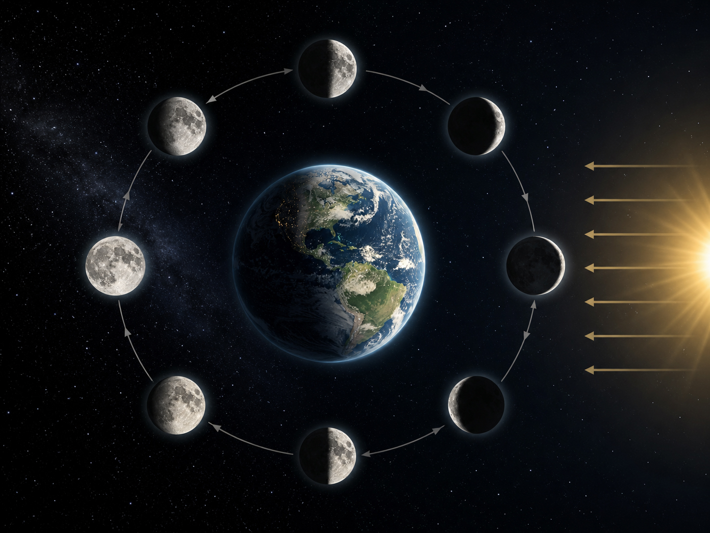 太陽光、地球、月の位置関係と月の満ち欠けを示す美しい科学的編集画像