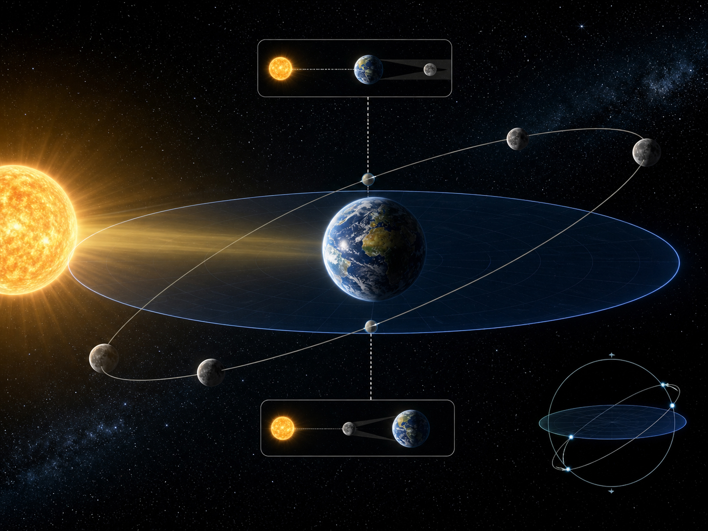 日食と月食を起こす太陽、地球、月、交点、軌道傾斜を示す科学画像