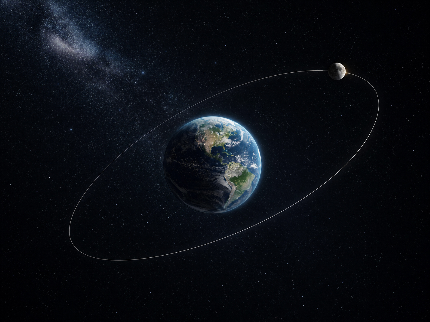 地球の周囲を楕円軌道で回る月、星空、月相を重ねた科学的な編集画像