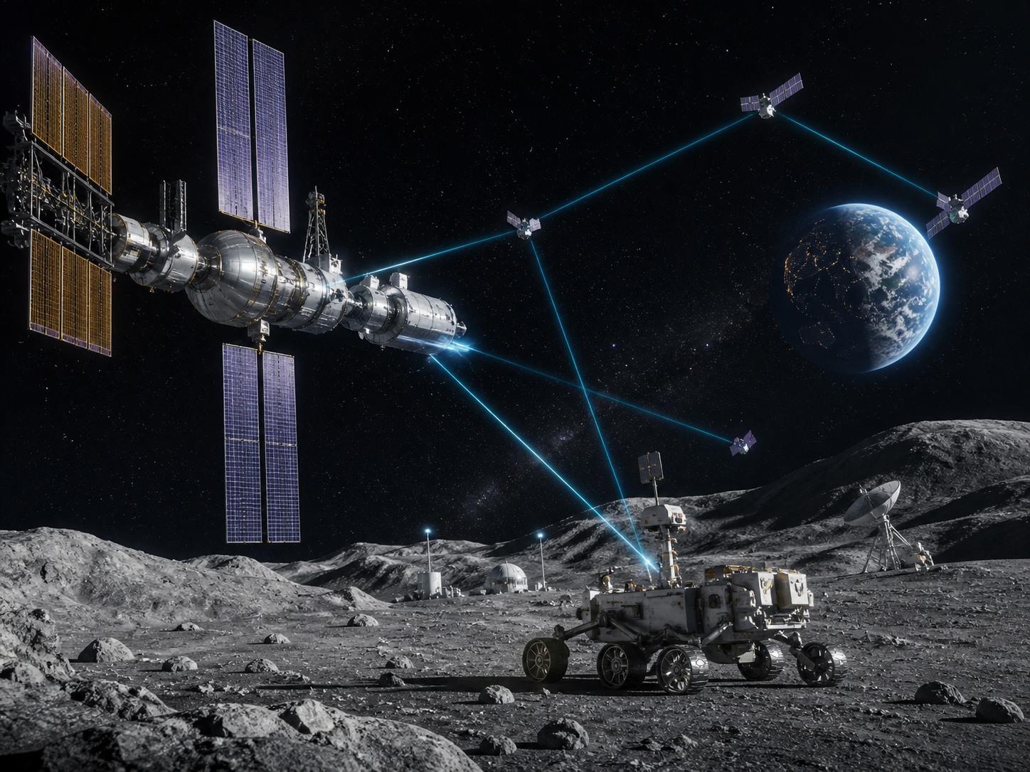 月周回拠点、通信衛星、月面探査車、地球との通信を示す未来的な月軌道イメージ