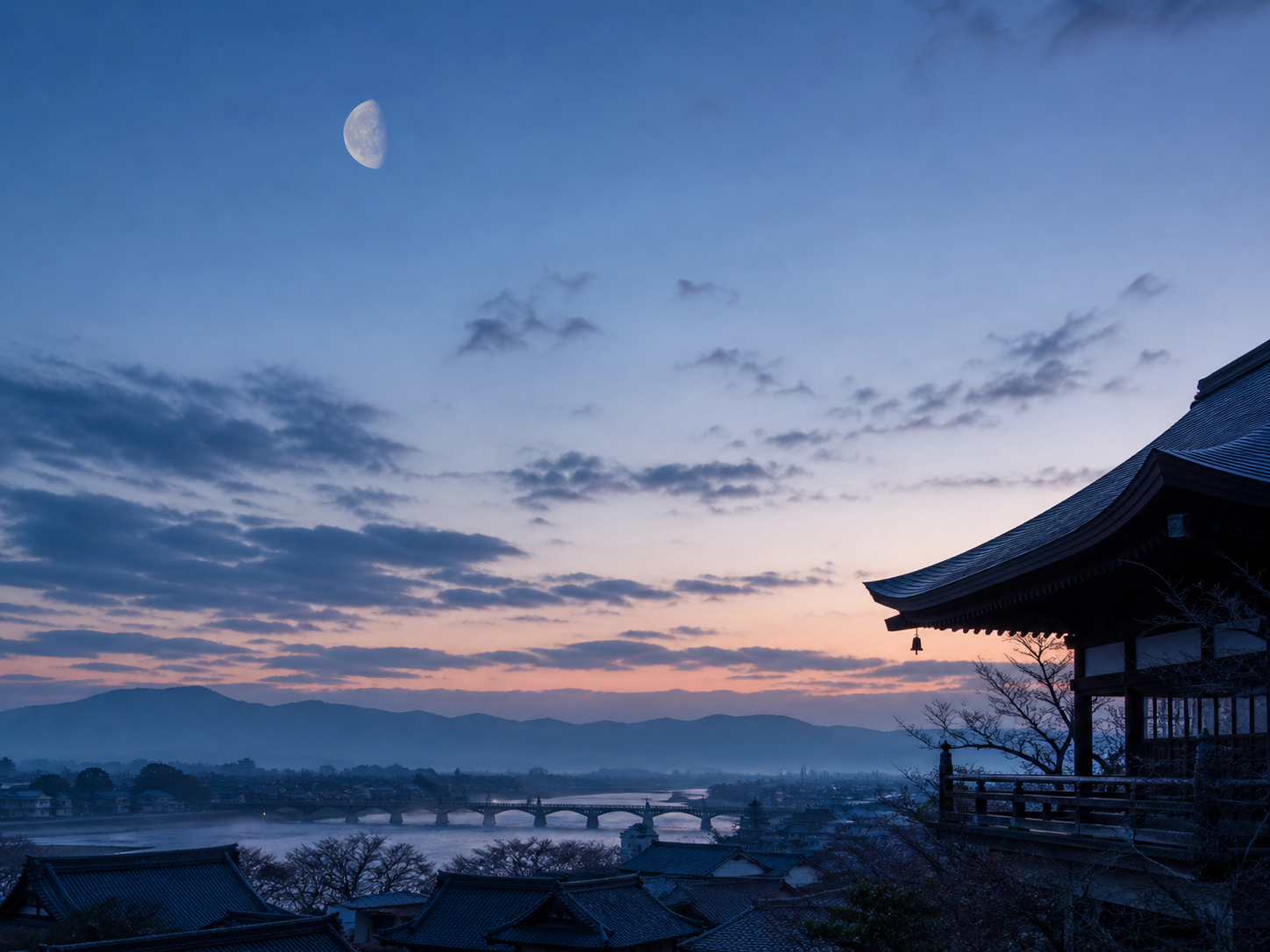 夜明けの空に残る有明の月、日本文学的な余情を帯びた朝の風景
