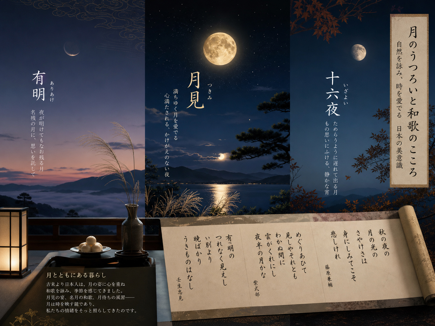 三日月、十三夜、十六夜、有明の月と和歌・月見文化を重ねた編集画像