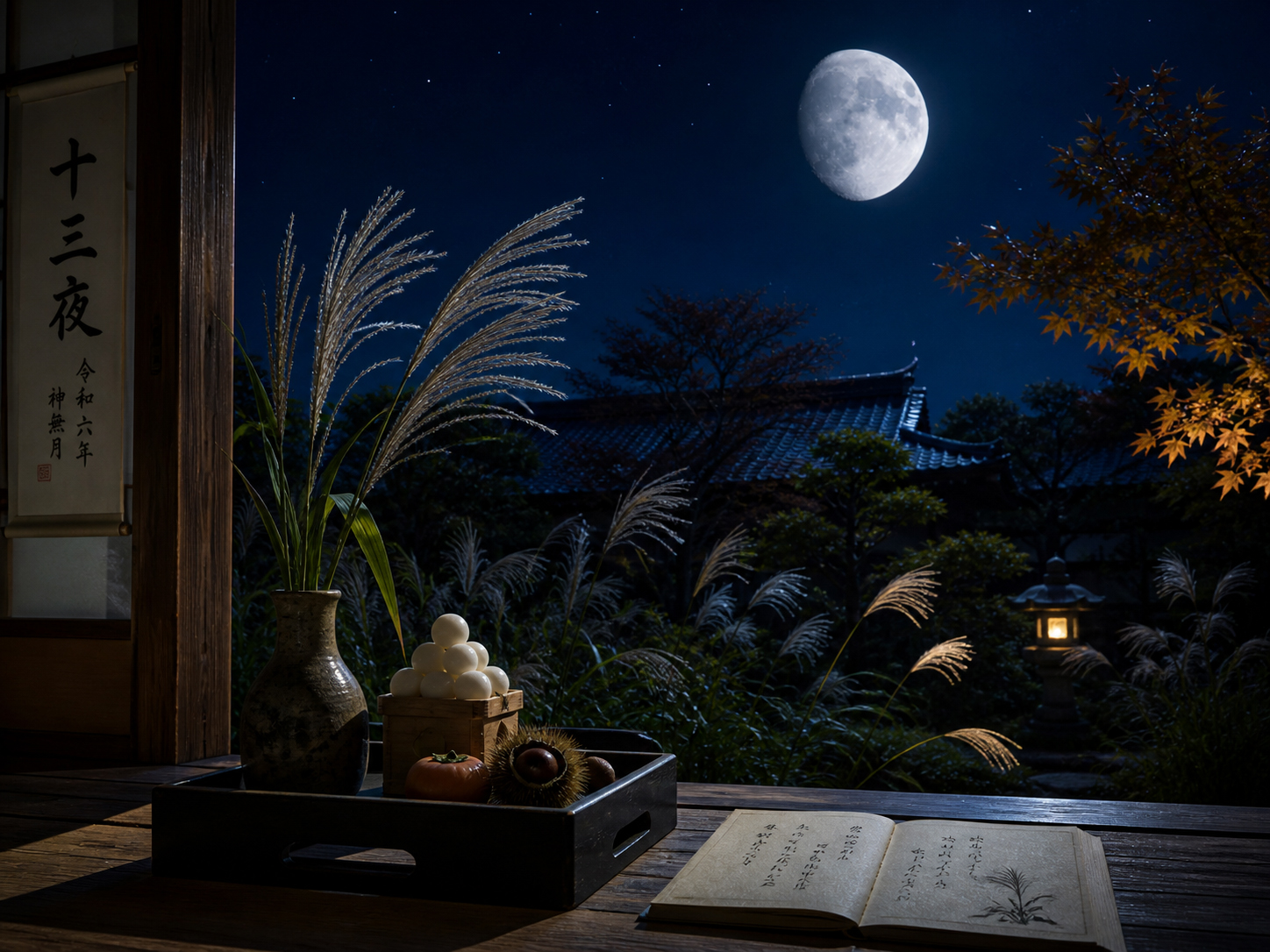 十三夜の月と秋草、満ちきる前の月の美を示す日本的な夜の画像
