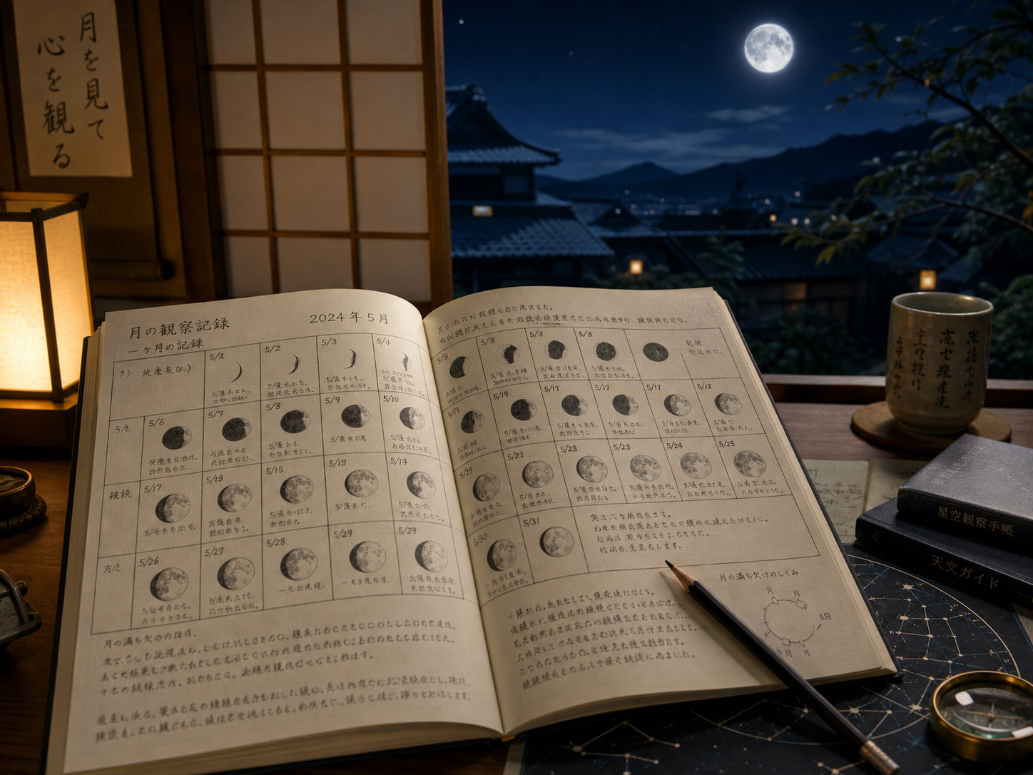一か月の月相観察ノート、夜空、月の位置記録を示す美しい科学的画像