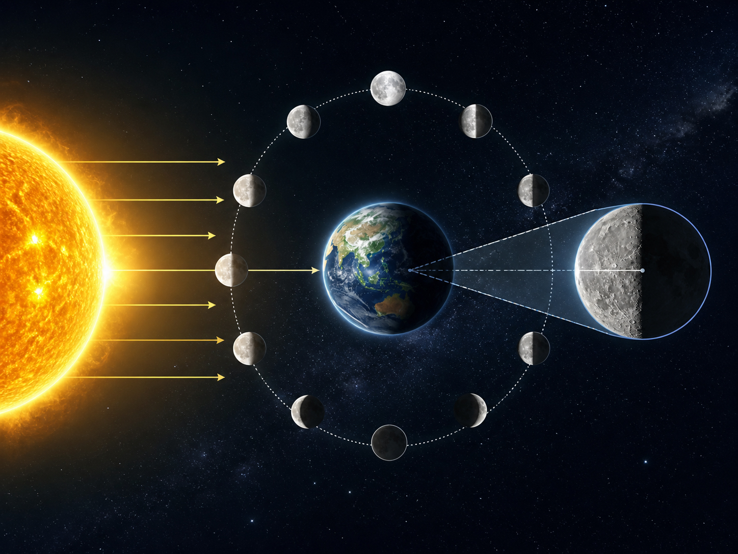 太陽光が月の半分を照らし、地球から見える明るい部分が月相をつくる仕組みを示す画像