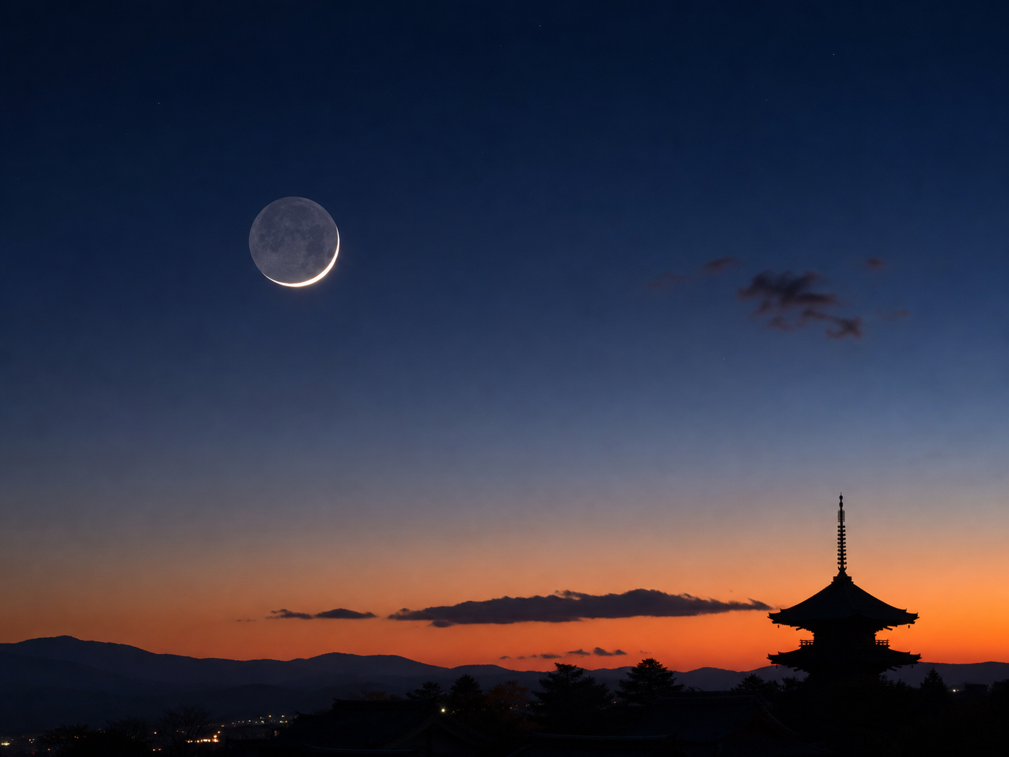 夕方の西空に浮かぶ細い三日月と淡い地球照を示す詩的な科学画像