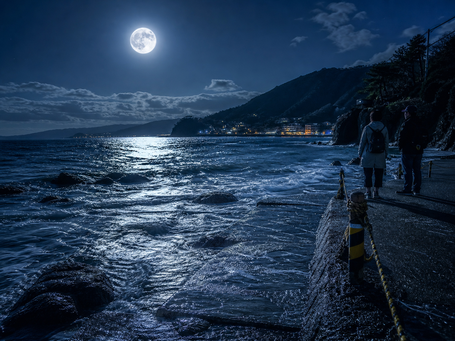 満月の夜、潮が満ちてくる日本の海岸と安全への注意を象徴する編集画像